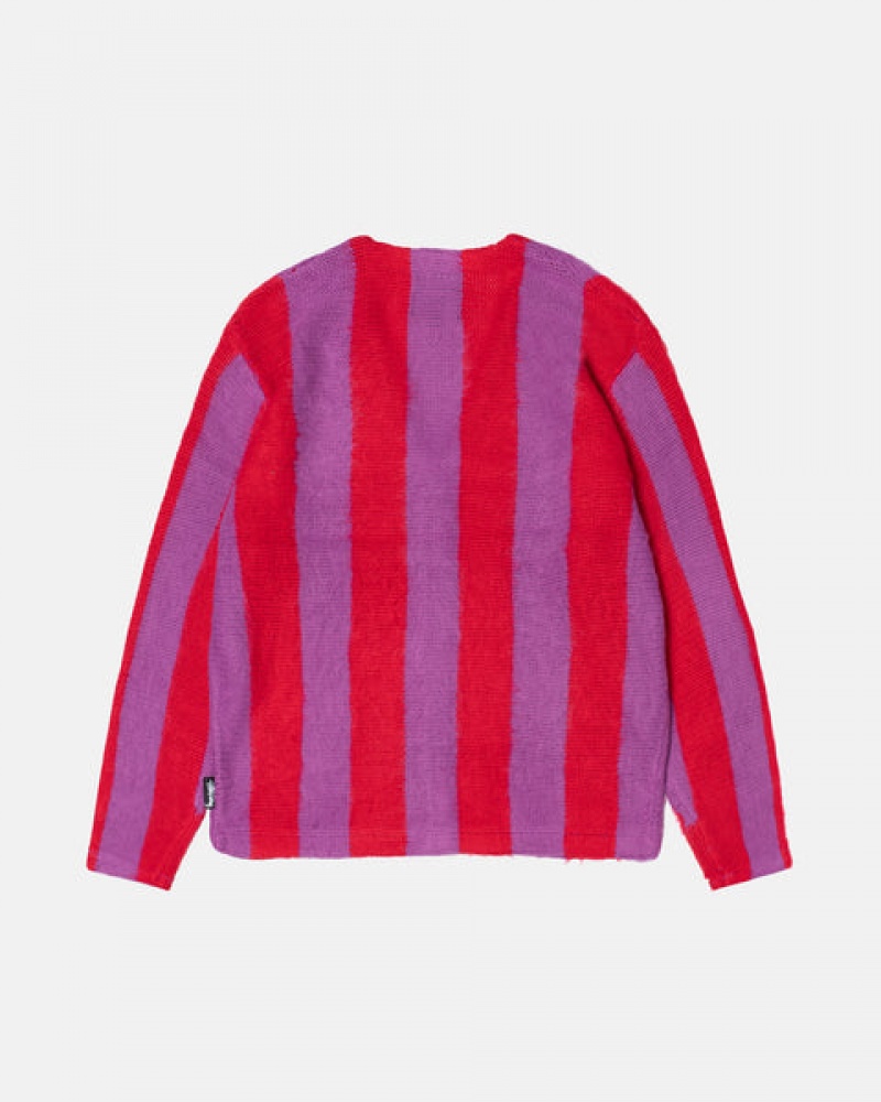 Purple Women's Stussy Stripe Brushed Cardigan Sweaters KSA | MRR-6115