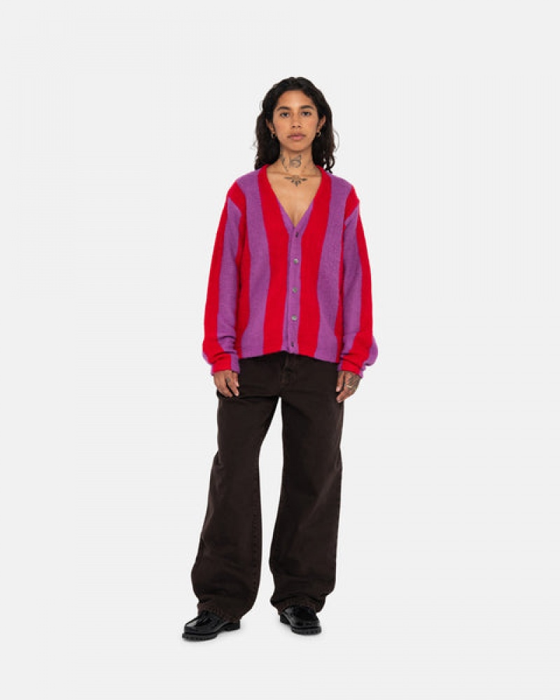 Purple Women's Stussy Stripe Brushed Cardigan Sweaters KSA | MRR-6115