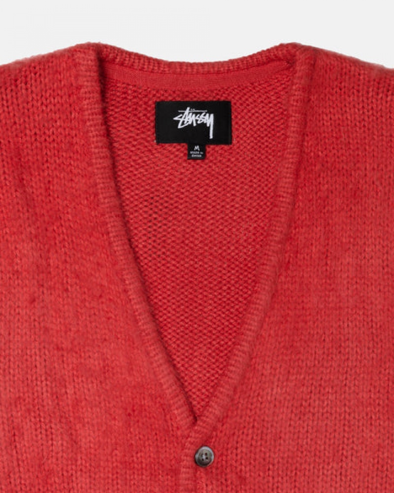 Red Men's Stussy Brushed Cardigan Sweaters KSA | ERB-7205