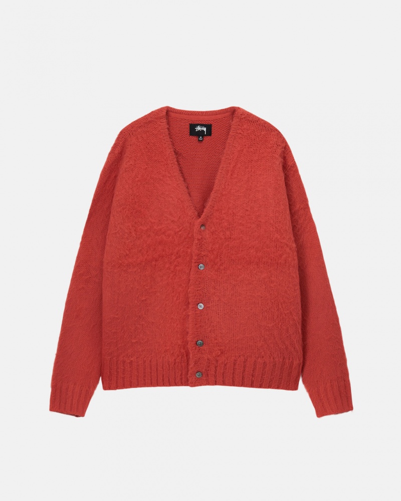 Red Men\'s Stussy Brushed Cardigan Sweaters KSA | ERB-7205