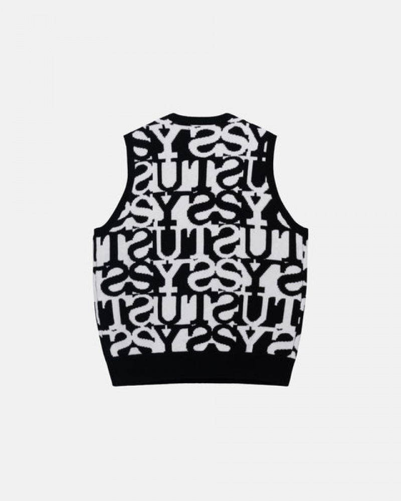 White / Black Men's Stussy Stacked Sweater Vest Sweaters KSA | WMM-9462