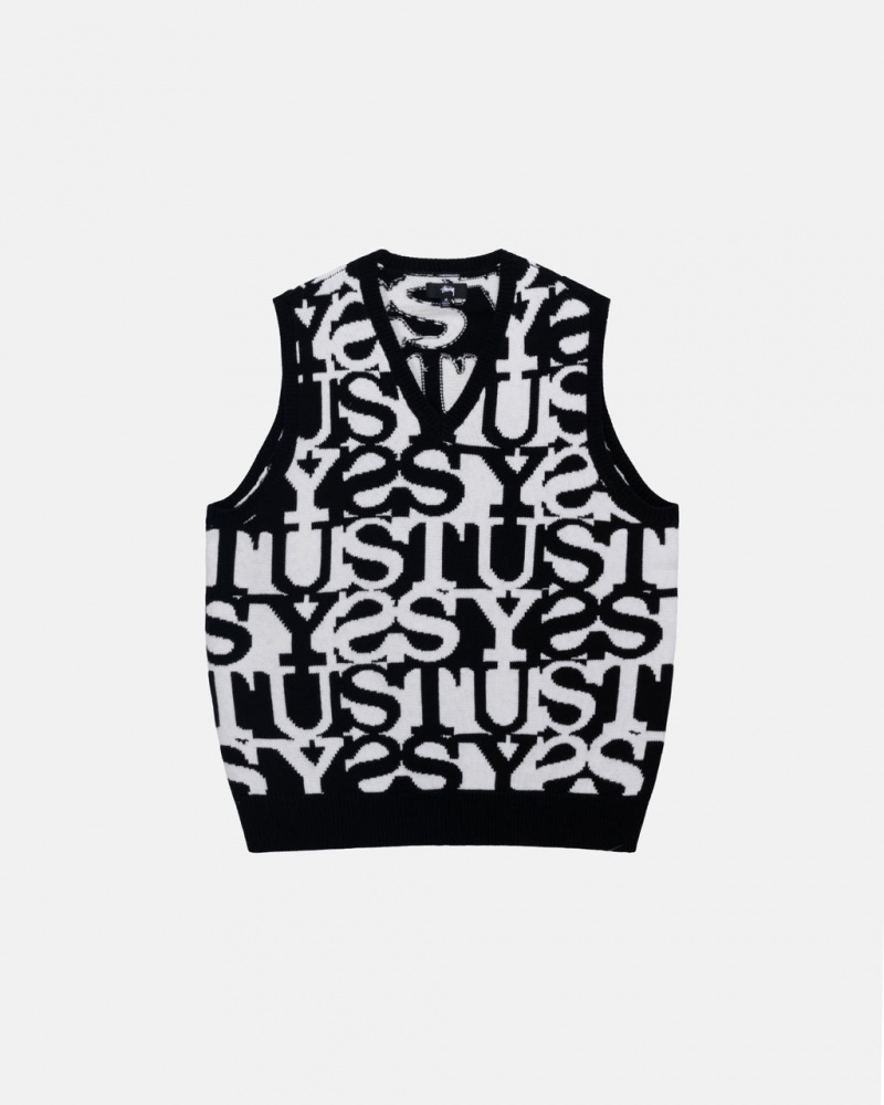 White / Black Men\'s Stussy Stacked Sweater Vest Sweaters KSA | WMM-9462