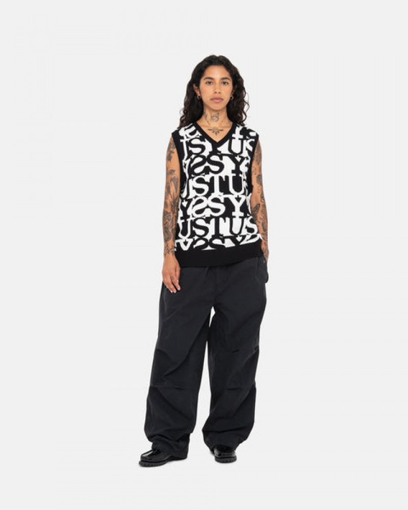 White / Black Women's Stussy Stacked Sweater Vest Sweaters KSA | NDF-4017